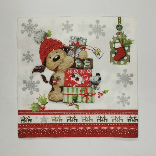 Servilleta perrito con regalos navideños